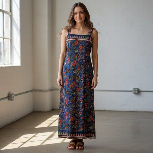 Handmade Dresses & Skirts - Handmade Floral Print Boho Sleeveless Maxi Dress Navy Blue Orange Brown Indie